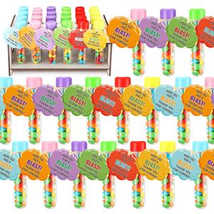 Maxdot 24 Set Science Party Favors with 24 Pcs Candy Tubes Wooden Test Tube Holder Cards Science Birthday Decorations Candy Party Favors Lab Plastic Test Tubes with Caps