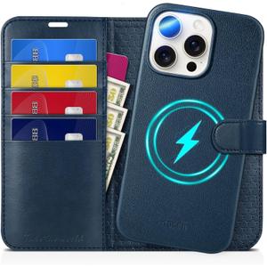 TUCCH Wallet Case for iPhone 16 Pro Max, [Removable] RFID Blocking 4 Card Slot Protective Wireless Charging Magnetic PU Leather Stand Detachable Folio Compatible with iPhone 16 Pro Max, Full Dark Blue