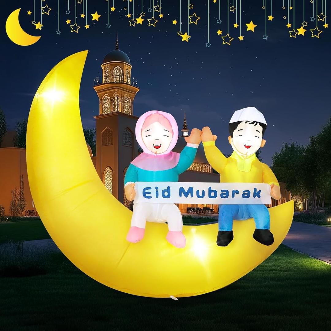 Dawdix 5FT Ramadan & Eid Mubarak Inflatable Decorations with LED Lights, Outdoor Ramadan Yard Decor with Crescent Moon & Replaceable Banners