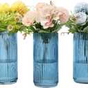 Blue Glass Vases, Flower Vases Set of 3, Ribbed Glass Vase for Tulips, Tall Cylinder Glass Vases for Living Room, Bedroom, Dining Table, Office, Wedding, Bookshelf Decoration, 8 Inches