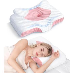 Osteo Cervical Pillow for Neck Pain Relief, Hollow Design Odorless Memory Foam Pillows with Cooling Case, Adjustable Orthopedic Bed Pillow for Sleeping, Support for Side Back Sleepers (Queen(25.5*16.5*5.2/4.1 inches), Pink)