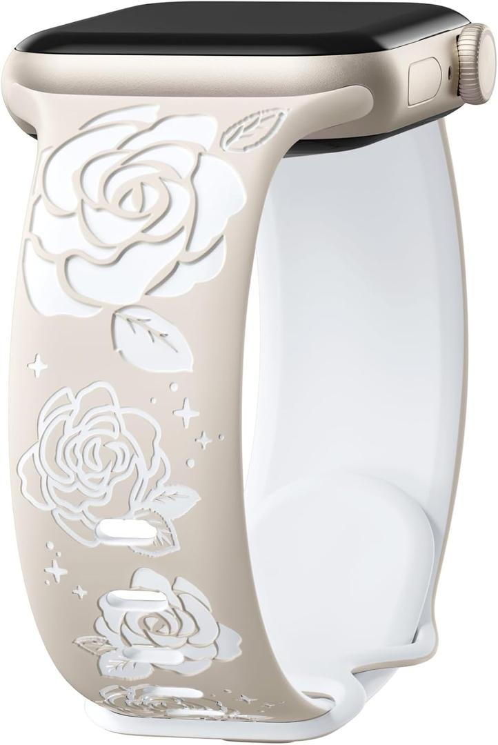 Adorve Floral Engraved Bands Compatible with Apple Watch Band 41mm 40mm 38mm 44mm 45mm 49mm 42mm 46mm Women, Soft Silicone Cute Flower Dual-color Bands for iWatch Series 10 9 8 7 6 5 4 3 2 1 SE Ultra (Starlight & White)