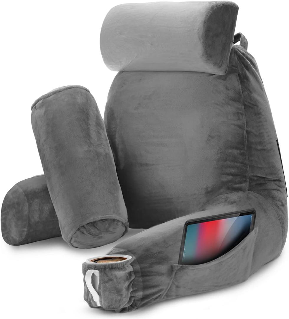 Nestl Reading Pillow with Shredded Memory Foam Includes 2 Neck and Lumber Support Pillows, Designed for Sitting Up in Bed and Couch, Back and Arms Adjustable Support for Adult & Teens, Dark Grey