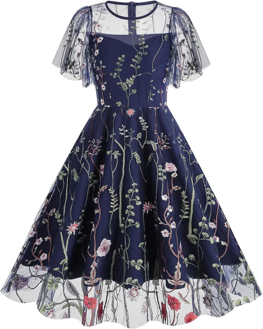 Women Keyhole Floral Embroidery Dress Sheer Mesh Illusion Vintage Cocktail Swing Dress Wedding Party Prom Tulle Evening Dress (X-Large, Navy Blue-ruffle Sleeve)