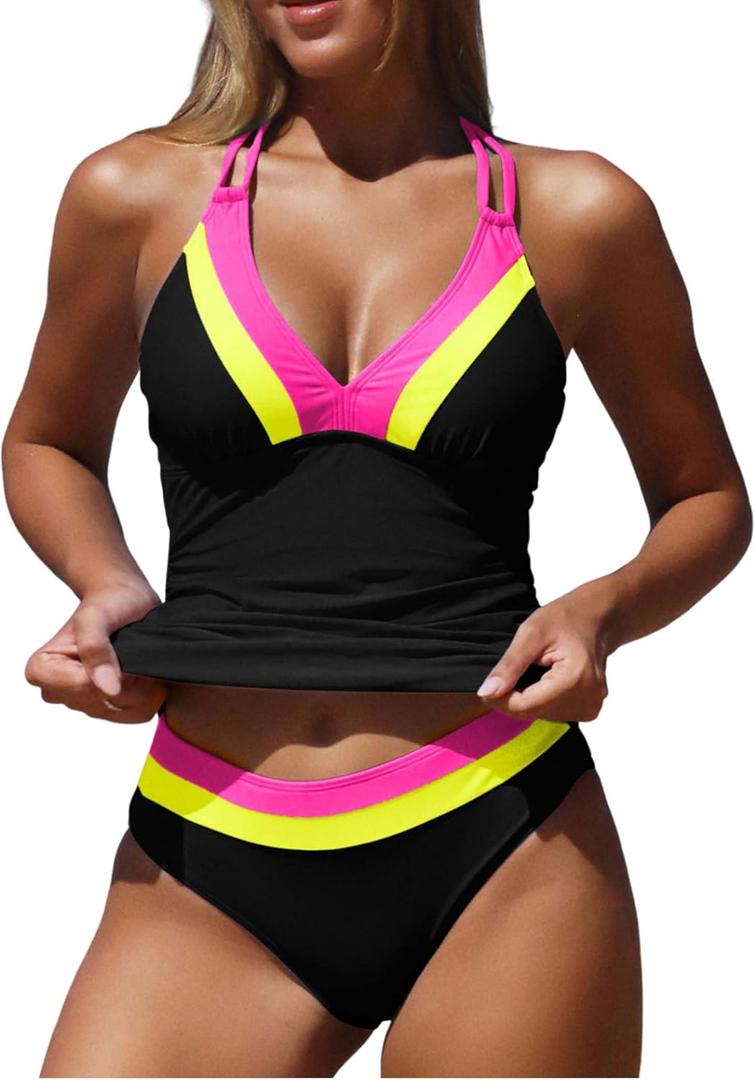 ZAFUL Tankini Swimsuits for Women Tummy Control Halter Neck Mid Waist Ruched Color Block Two Piece Bathing Suits Swimwear(1-Black, S)