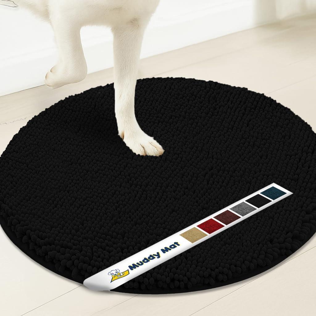 Muddy Mat Shown on TV  Super Absorbent Microfiber Dog Door Mat for Muddy Paws, Non-Slip Washable Pet Rug, Quick Dry Chenille Entryway Carpet, Machine Washable Indoor Outdoor Mat, Black Round 4ft