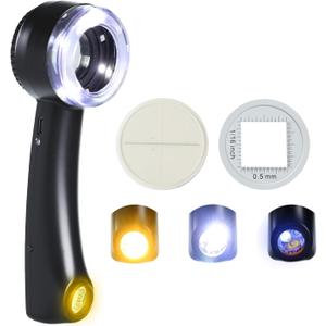 Handheld 10X Jewelry Magnifying Glass Rechargeable with UV & LED Lights and Flashlight in One, Professional Loupe Magnifier 30mm Optical Lens with 2 Reticle Scales for Watchmaker, Jeweler, Collector
