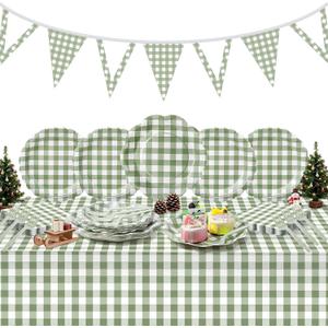 LemonRoad 102 Pcs Gingham Sage Green Party Supplies Set Disposable Checkered Paper Plates Napkins Forks Tablecloth Banner for Birthday Party Dinner Picnic Pizza Barbecue Wedding Mother's Day, Serve 25