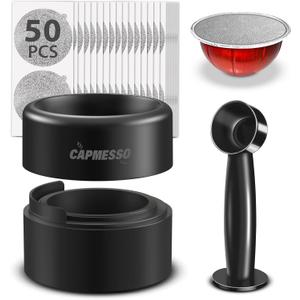 CAPMESSO Reusable Vertuoline Pod Refill Kit, 2024 Innovative for Faster Seal Reusable Vertuoline Pods with Fill & Press Brush,50pcs Aluminum Lids for Vertuoline Pod (50 Lids+1 Holder+1 Scoop)-NO PODS