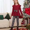 PATPAT Toddler Kids Girls 2Pcs Clothes Set Bowknot Design Ruffle Hem Long Sleeve Top and Floral Print Pant Outfits (2T, Wine Red)