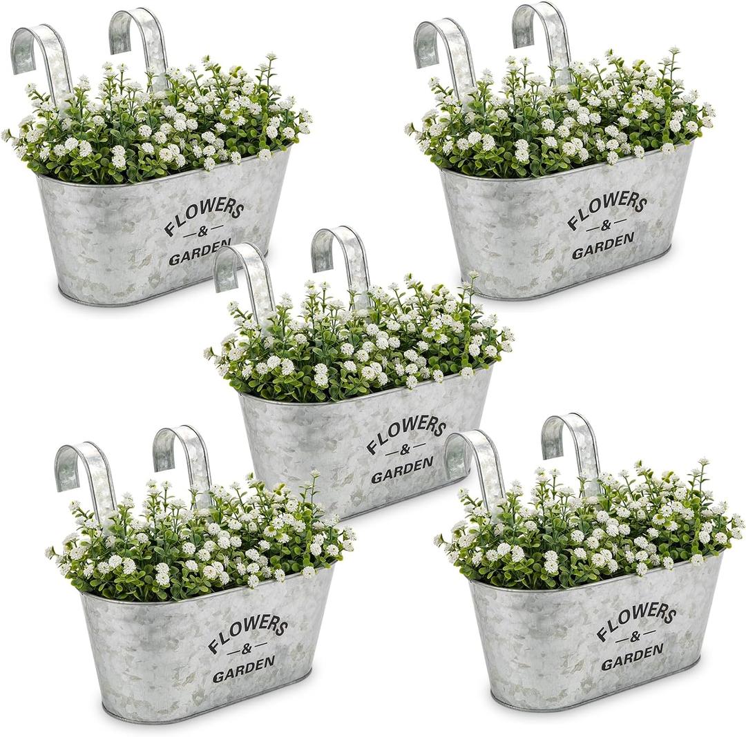 Briful 10'' Hanging Planter Outdoor 5PCS Metal Railing Planter for Herb Flower, Oval Galvanized Buckets with Detachable Hooks, Garden Fence Balcony Windowsill Hanging Pot, Silver