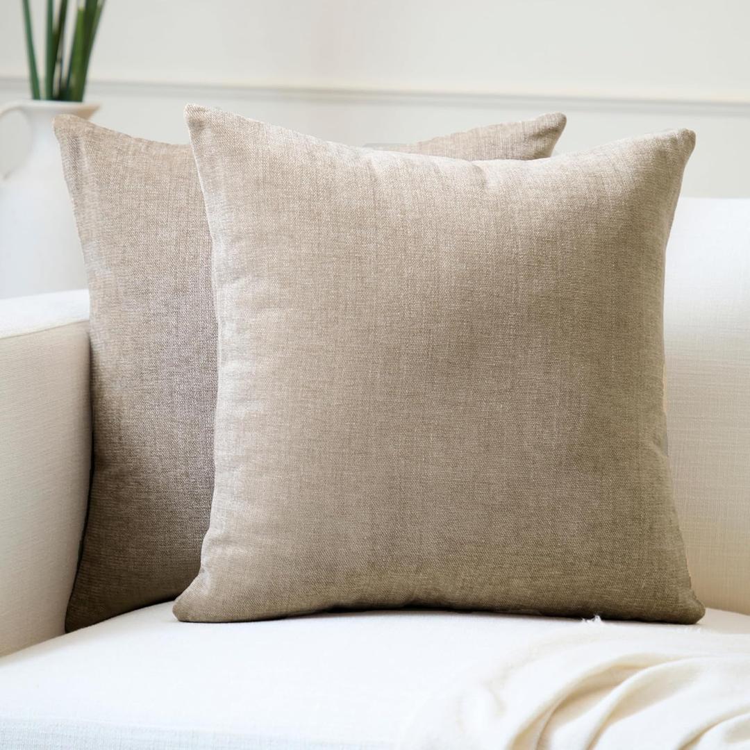 Encasa Homes Chenille Throw Pillow Covers 2 pcs Set - Sand- 24 x 24 inch / 60 x 60 cm Textured Solid Colour, Soft & Smooth, Square Accent Decorative Cushion for Couch, Sofa, Chair & Bed