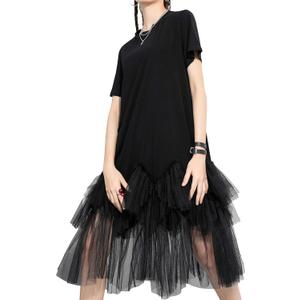 ellazhu Women's Casual Short Sleeve Crew Neck Tutu Tulle Dress with an Oversized Fit GY2266 (Large-X-Large, Black)