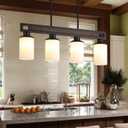 Farmhouse Dining Room Light Fixture, 4-Light Wood Kitchen Island Lighting for Dining Room Over Table, Black Adjustable Pendant Light with Milk Glass Shades, Linear Chandeliers Lighting for Kitchen