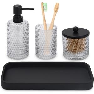 Bathroom Accessory Set, 4 Pcs Clear Glass Bathroom Accessories Set-Lotion Soap Dispenser, Toothbrush Holder, Qtip Holder Dispenser & Resin Vanity Tray, Countertop Vanity Organizer, Crystal Clear