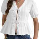 Womens Puff Sleeve Peplum Babydoll Tops Tie Front Cotton T Shirts Summer Casual Loose Fit Flowy Bow Blouse (Medium)