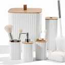 CJC 6-Pcs Bathroom Accessories Set with Bamboo Lids, Matte White Bathroom Organizer Kit, Includes Toilet Brush, Trash Can, Soap Dispenser, Soap Dish, Toothbrush Holder & Cup, Fits Minimalist Bathrooms