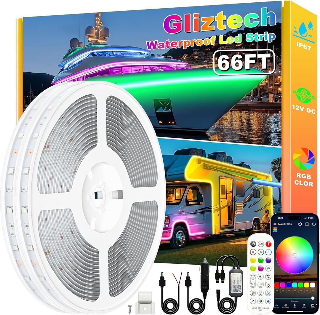 Boat Lights Led Waterproof 66FT, 12V RGB Marine LED Strip Exterior, IP67 Pontoon Boat Lights Interior with App for Pontoon, Bass, Deck, RV, Fishing Kayak