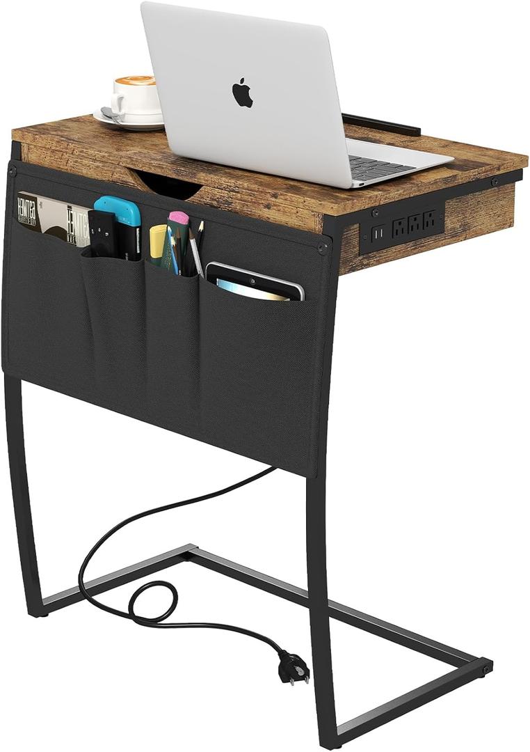 Hadulcet C Shaped End Table - Couch Table that Slide Under, TV Tray Table for Eating, Laptop Desk for Couch with Charging Station, Storage Drawer & Tiltable Desktop, Rustic Brown (28.5")