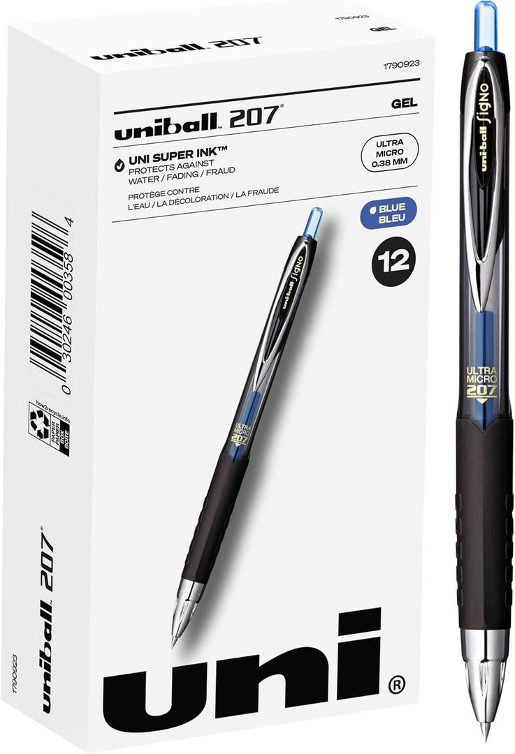 uniball 207 Retractable Gel Pens, Ultra Micro Point (0.38mm), Blue, 12 Pack
