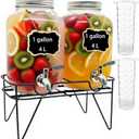 1 Gallon Glass Drink Dispensers For Parties 2PACK, Beverage Dispenser, Glass Drink Dispenser with Stand Stainless Steel Spigot, Lemonade Dispenser for BBQ Picnic, Party