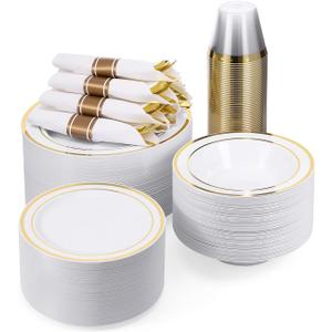 BESTVIP 400PCS Gold Plastic Dinnerware Set, Disposable Party Supplies for 50 Guests - Include 100 Plates, 50 Leak-Proof Soup Bowls, 50 Pre Rolled Napkins with Gold Silverware, 50 Cups