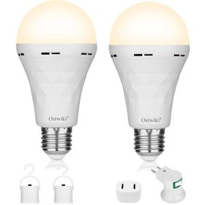 Ostwiki 2 Pack Rechargeable Light Bulb,Emergency Light Bulbs for Power Outage Hurricane Camping 9W E27 3000K Warm 1200mAh Battery Backup Soft Light Bulbs for Lamps,Battery Bulb