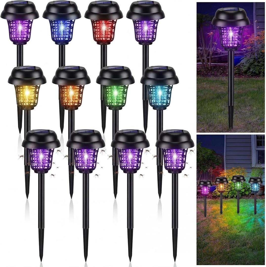 Qualirey 12 Pcs Solar Mosquito Zapper Outdoor Waterproof Solar Powered Bug Zapper Outdoor Mosquito Killer Lamp Trap Repellent Light for Garden Yard Insect (Purple and Colorful Light,Black)