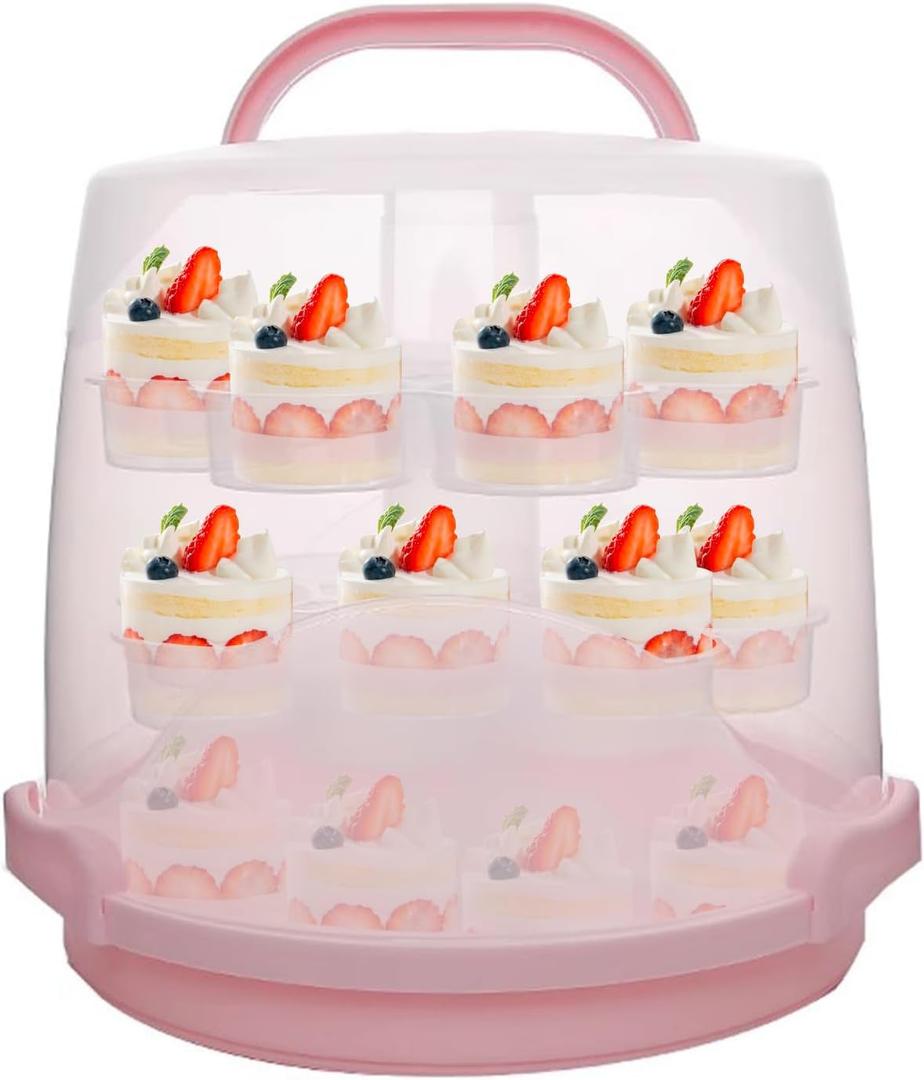 3-Tier Party Cupcake Carrier, Cupcake Holder with Lid and Handle for Transport Storage 24 Cupcakes (Pink), 11.2" x 9.8"