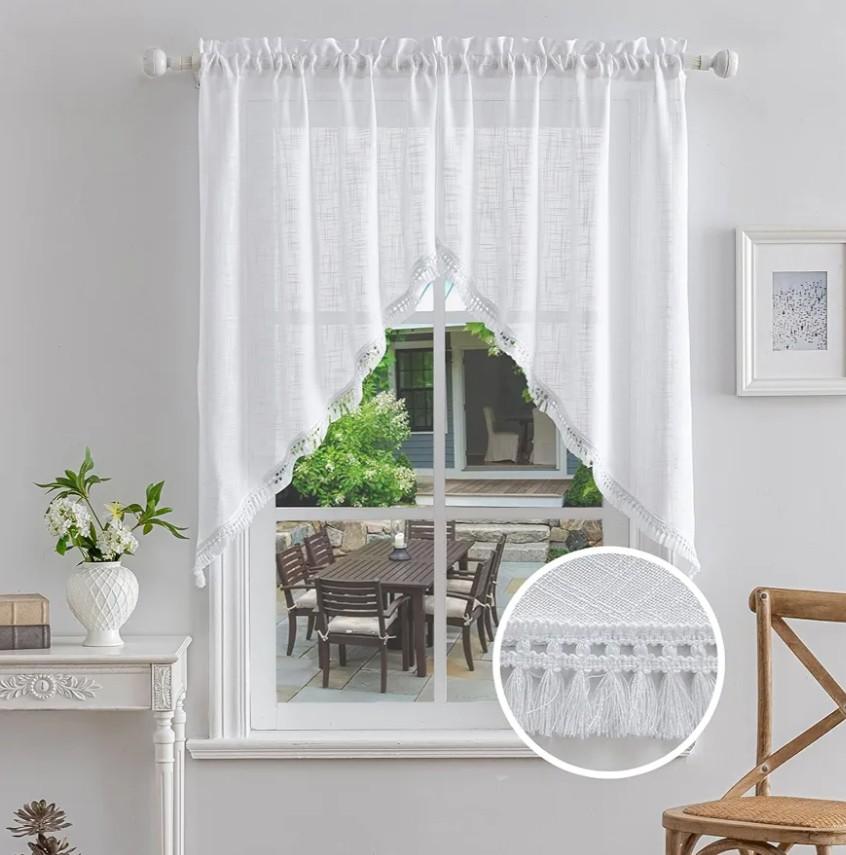 Beda Home Tassel Linen Textured Swag Curtain Valance for Farmhouses’ Kitchen; Light Filtering Rustic Short Swag Topper for Small Windows Bedroom Privacy Added Rod Pocket Design (White 36x45- Set of 2)