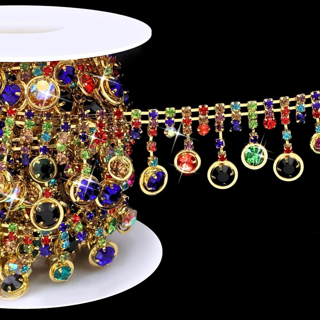 Bijou Joon 2 Yards Colorful Gold Rhinestone Trim by the Rhinestone Chain Tassel Sew Fringe Bedazzling for Crafts Dress Embellishments Wedding Clothes Straps Decoration