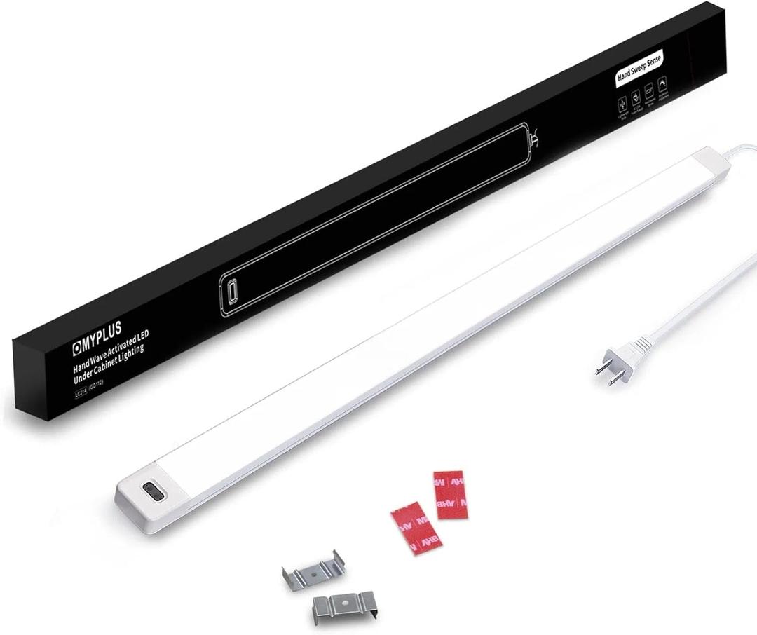 MYPLUS 24 Inch Under Cabinet Lights with Hand Wave, Under Counter Lighting 5000K Cold White,Dimmable,Plug and Play,LED Lights for Kitchen Cabinet, Cupboard, Closet, Desk