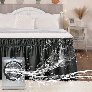 Vocander Wrap Around Black Queen Size Bed Skirt 14 Inch Drop, Elastic Dust Ruffle Easy to Put On, Solid Bedskirt Polyester Fabric Machine Washable Dryable and Ironable