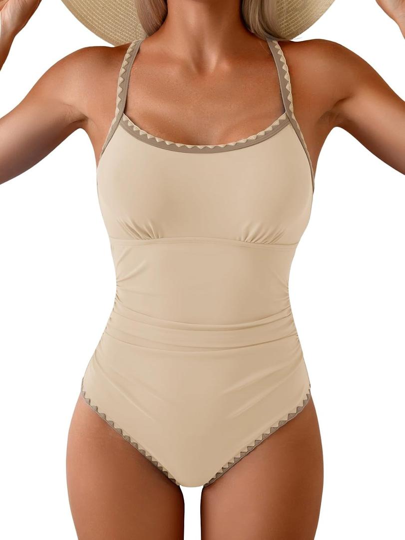 Eomenie Womens Tummy Control Swimsuit Criss Cross Tie Back Bathing Suit (Brown, S)