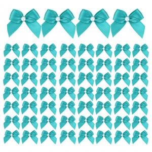 Meseey 60pcs Mini Satin Ribbon Bows with Pearl Ribbon Flowers Appliques DIY Craft for Sewing, Scrapbooking, Wedding, Gift,Christmas Decoration(Teal)