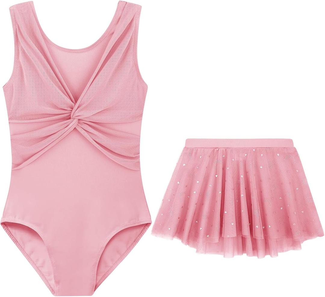 DAXIANG Mesh Front Dance Leotard for Girls Gymnastics Ballet Dress with Removable Tutu Skirt for Toddler Girl Kids 2-10 Years