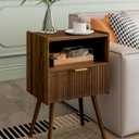 Nightstand, Modern Bedside Table with Storage Drawer and Open Wood Shelf, Accent Night Stand with Solid Wood Legs for Living Room, Bedroom and Small Spaces, Easy Assembly (Walnut Brown)