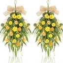2 Pcs 24" Artificial Summer Flower Teardrop Swag for Front Door Spring Wreath Yellow Wild Daisy Swags Wreaths Floral Hanging Wreaths for Kitchen Cabinet Window Wall Wedding Party Home Decor