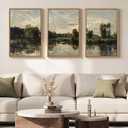 Framed Vintage Landscape Wall Art for Living Room, 3 Piece Rustic Lake Forest Canvas Artwork for Walls, Large Classic Nature Scenic Painting Prints for Bedroom Office Hallway Wall Decor, 20x30 Inch