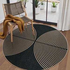 Lahome Enfys Modern Rainbow Round Rug, 6ft Easy Jute Circle Patio Rug Washable Indoor Outdoor Carpet for Living Room, Farmhouse Natural Contemporary Round Mat for Entryway Backyard Porch (Dark Grey/Charcoal Black)