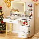 COMHOMA Vanity Desk with Mirror and Lights, Makeup Vanity Table with 4 Drawers & Storage Shelves, Large HD Mirror, 3 Color Modes & Adjustable Brightness, Modern Dressing Table for Bedroom, Pearl White