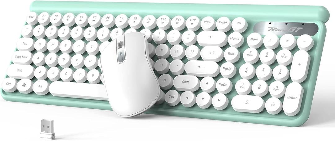 RaceGT Wireless Typewriter Keyboard and Mouse - Wireless Keyboard with Silent Mouse, Cute Retro Keyboard Mouse Combo, 2.4G Cordless USB Computer Keyboard Mouse Set for Windows Laptop/Desktop/PC (Cyan)