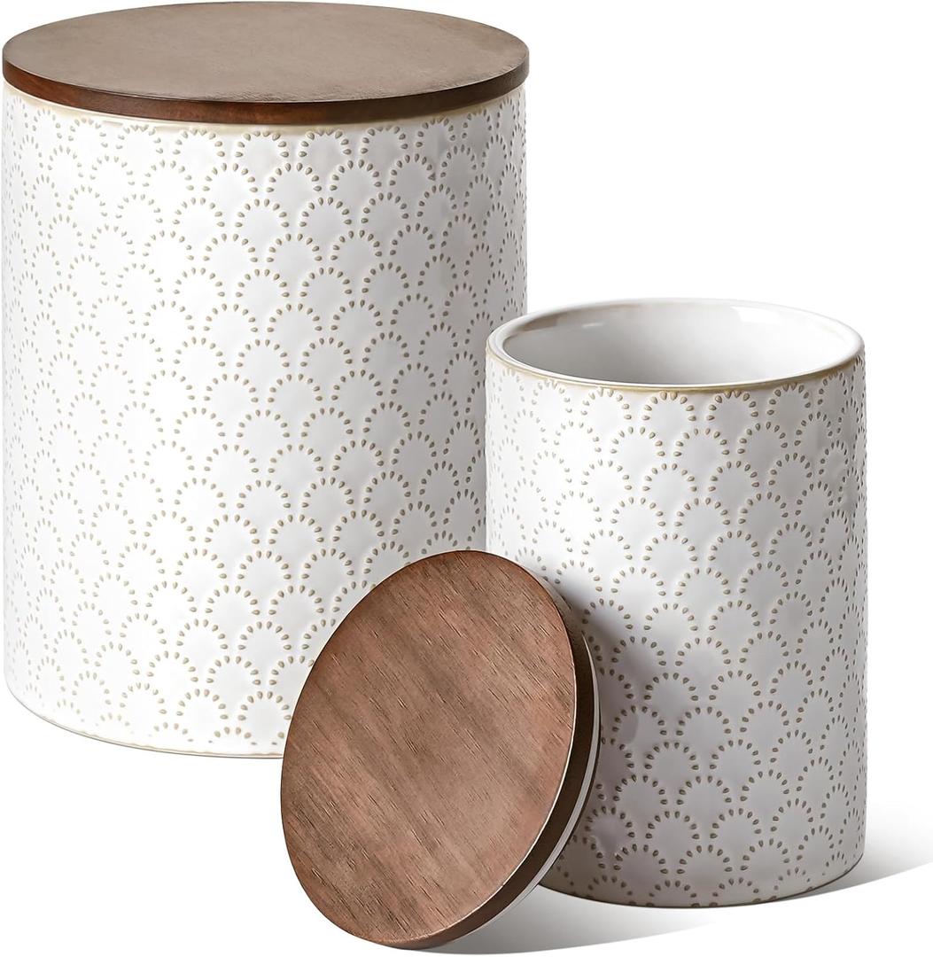 LE TAUCI Ceramic Kitchen Canister Set with Airtight Lids, Food Storage Containers for Flour, Sugar, Coffee - Large Embossed Jars for Pantry Storage & Countertop Decor - Set of 2 (78/25 oz), Firework