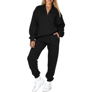 Aleumdr Women 2 Piece Outfits Sweatsuit Oversized Half Zip Pullover Long Sleeve Sweatshirt Jogger Pants Set with Pockets (X-Large, Black)