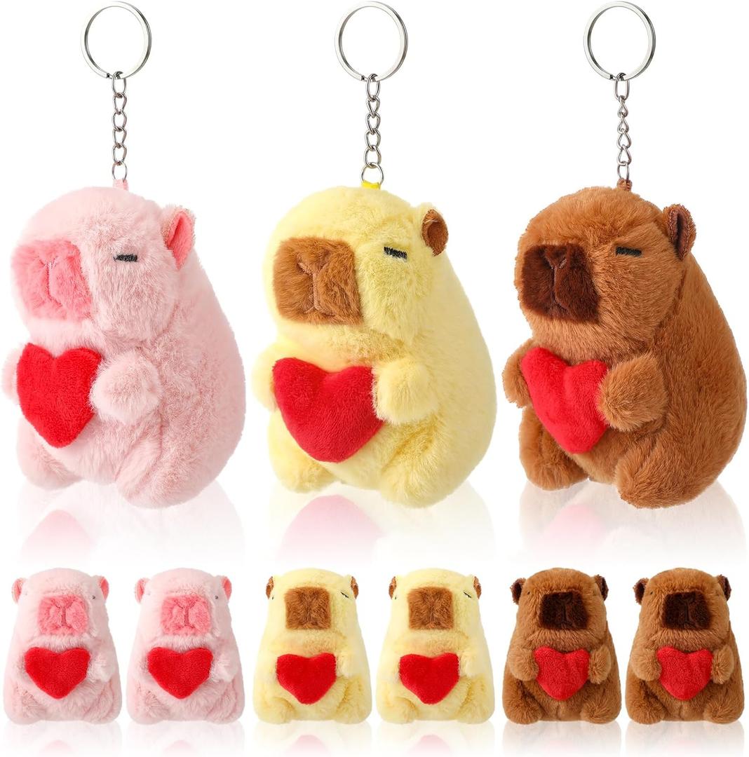 9 Pcs Capybara Plush Keychain with Heart, Cute Small Capybara Tiny Stuffed Animal Toy for Backpack Bag Charms Classroom Graduation Party Favors Father's Day Valentines Birthday Gifts