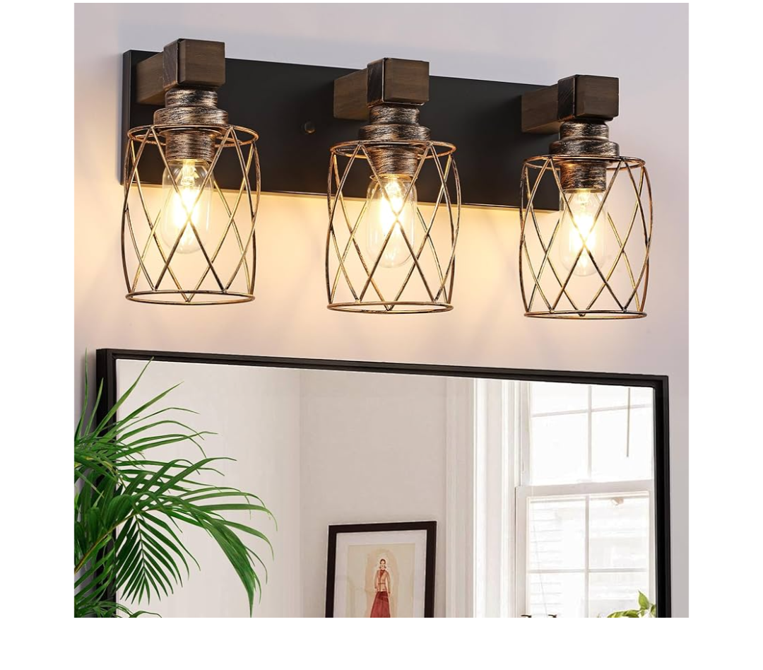 Farmhouse Bathroom Vanity Light, 3-Light Wood Bathroom Light Fixtures Over Mirror, Black and Gold Industrial Vanity Lights with Metal Shade, Rustic Bathrooms Lighting for Living Room Bedroom Hallway