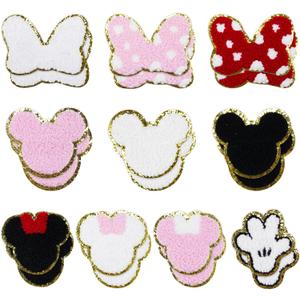 20Pcs Mouse Themed Patch, Pink Mouse Chenille Patches Gold Edges Bowknot Iron On Patch for Bags Hat DIY Clothing Repair