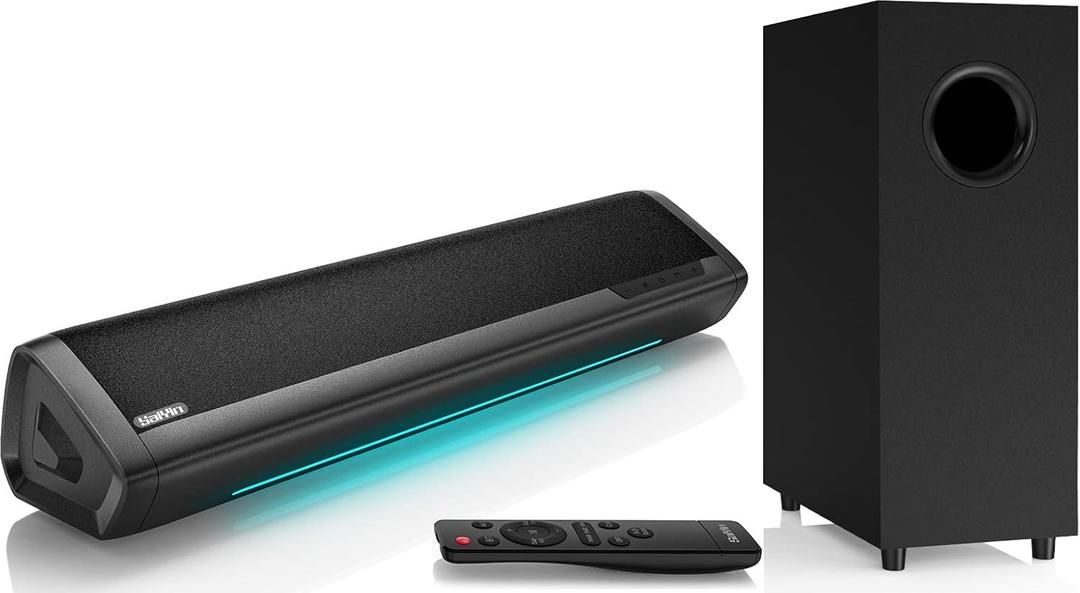 Saiyin Sound Bars for TV with Subwoofer, 2.1 Deep Bass Small Soundbar Monitor Speaker Home Theater Surround System PC Gaming Bluetooth/AUX/Optical Connection, Wall Mountable 17-inch (17-inch)