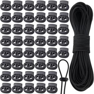 Patelai 50 Pieces Cord Locks Spring Toggles Stoppers Plastic Single Hole End Stopper Slider and 1/8 Inch 66 Feet Elastic Bungee Cord for Drawstring Shoelaces Clothing Bags(Black, Simple Style)