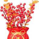 Chinese New Year Bonsai Tree Artificial Spring Festival Flower Pot Table Ornament Red Blessing Bucket Gold Berry Flower Arrangement Artificial Branches Fortune Lucky Tree for Indoor Home Decor